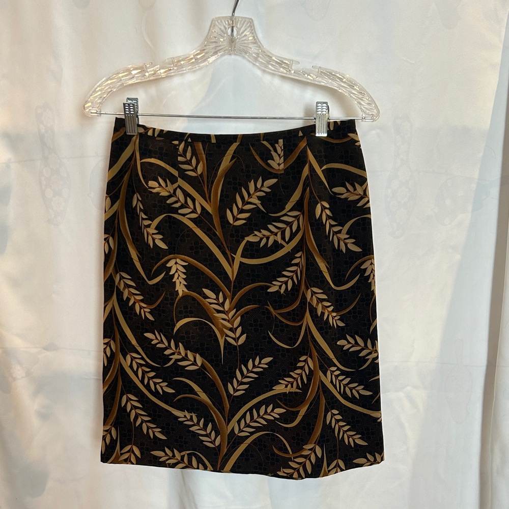 Brown Gold Botanical Leaf Print A-Line Midi Skirt Petite 8P Lined